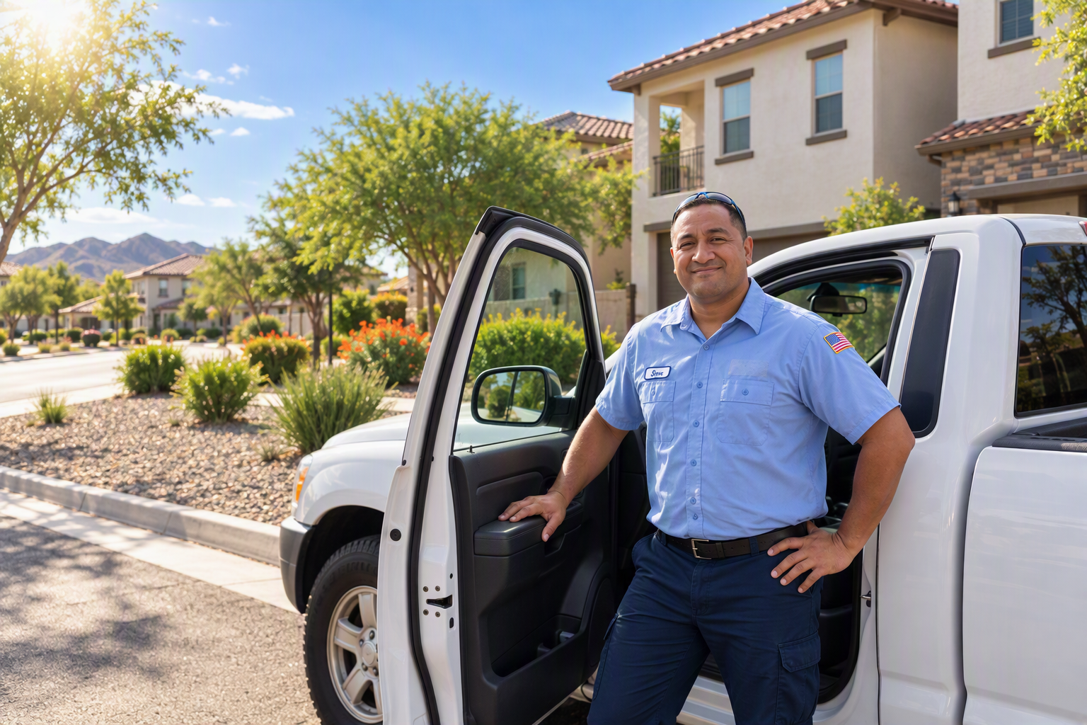 Sione standing beside his plumbing service truck in Gilbert, Arizona